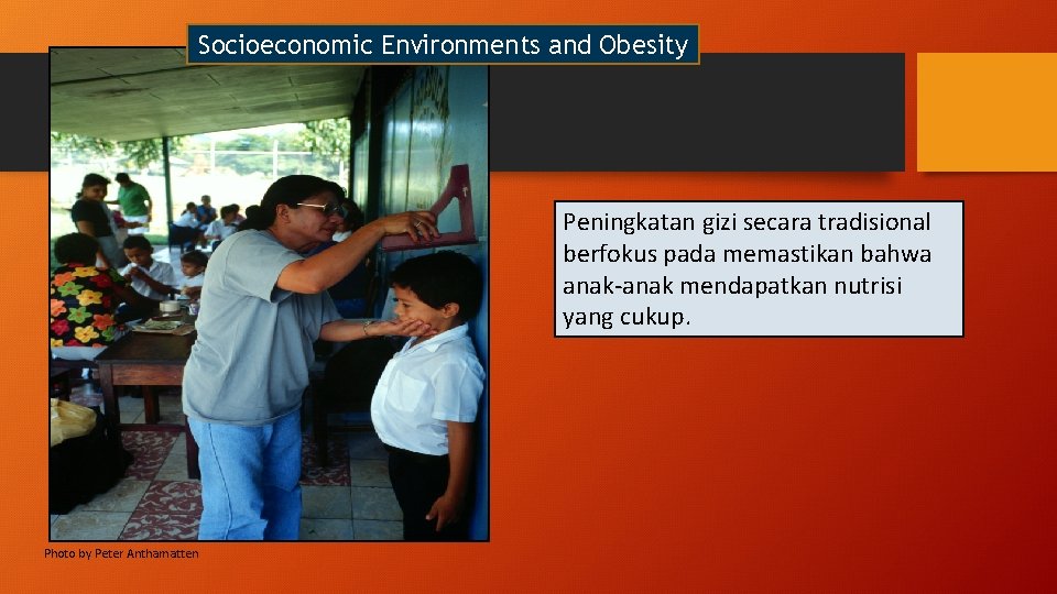 Socioeconomic Environments and Obesity Peningkatan gizi secara tradisional berfokus pada memastikan bahwa anak-anak mendapatkan