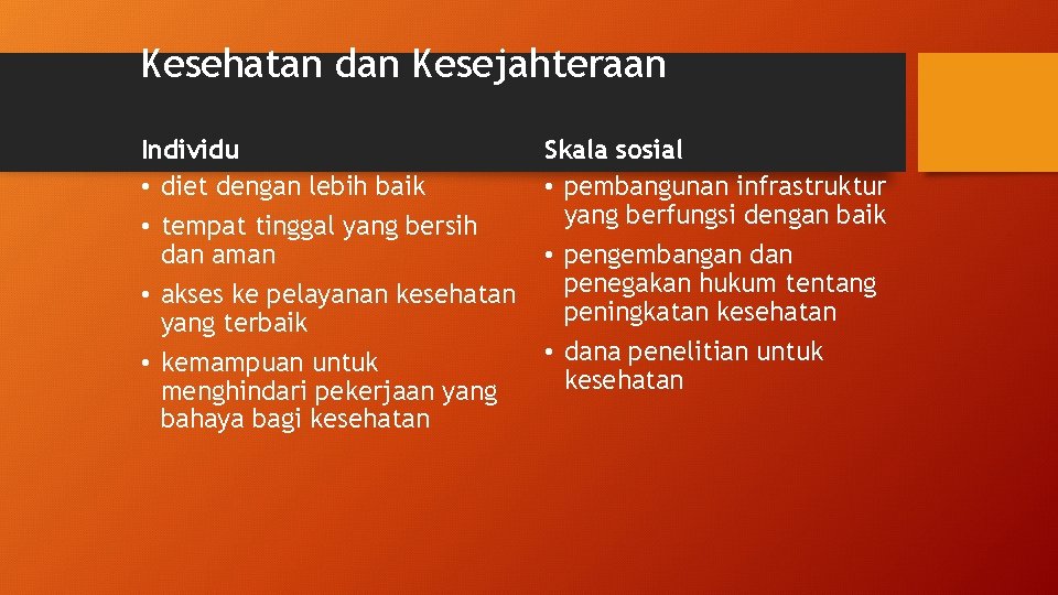 Kesehatan dan Kesejahteraan Individu • diet dengan lebih baik • tempat tinggal yang bersih