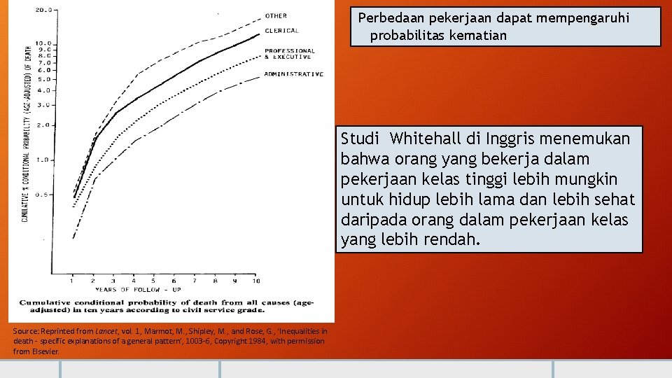 Perbedaan pekerjaan dapat mempengaruhi probabilitas kematian Studi Whitehall di Inggris menemukan bahwa orang yang