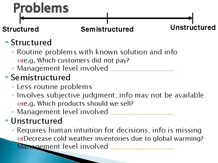 Problems Structured Semistructured Unstructured Structured ◦ Routine problems with known solution and info e.