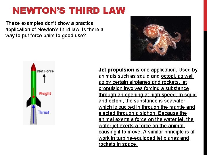 NEWTON’S THIRD LAW These examples don't show a practical application of Newton's third law.