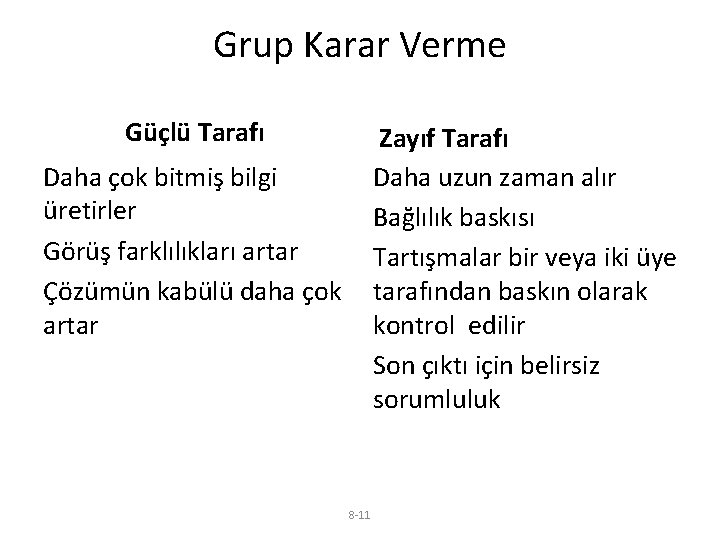 Grup Karar Verme Güçlü Tarafı Zayıf Tarafı Daha uzun zaman alır Bağlılık baskısı Tartışmalar