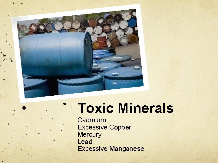 Toxic Minerals Cadmium Excessive Copper Mercury Lead Excessive Manganese 