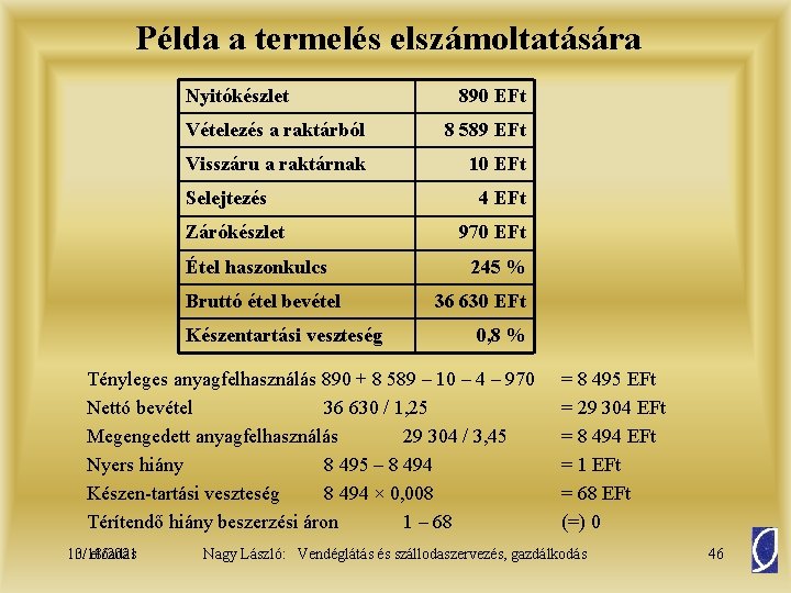 Példa a termelés elszámoltatására Nyitókészlet 890 EFt Vételezés a raktárból 8 589 EFt Visszáru