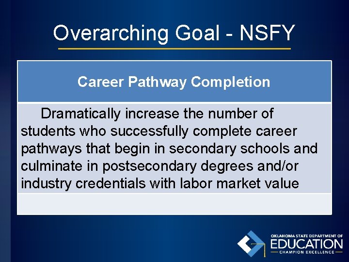 Overarching Goal - NSFY Career Pathway Completion Dramatically increase the number of students who