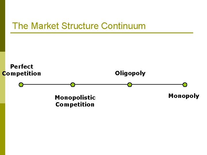 The Market Structure Continuum Perfect Competition Oligopoly Monopolistic Competition Monopoly 