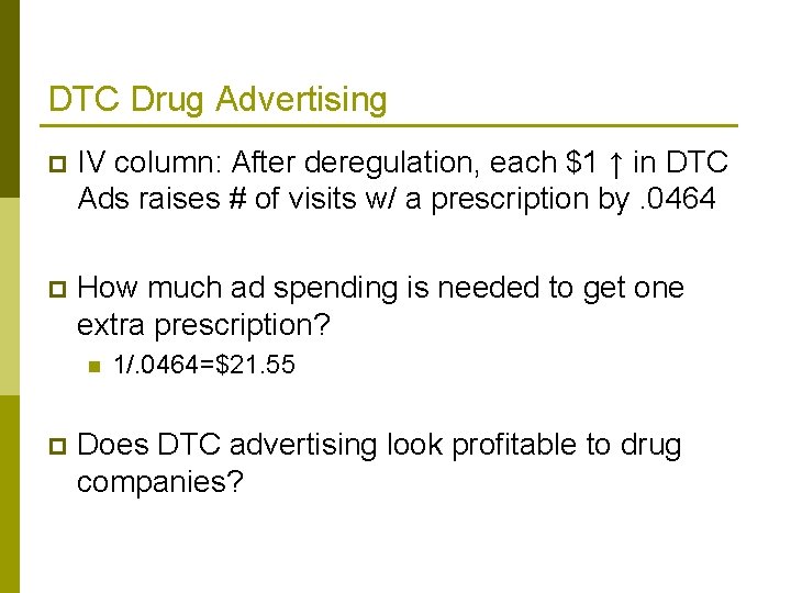 DTC Drug Advertising p IV column: After deregulation, each $1 ↑ in DTC Ads