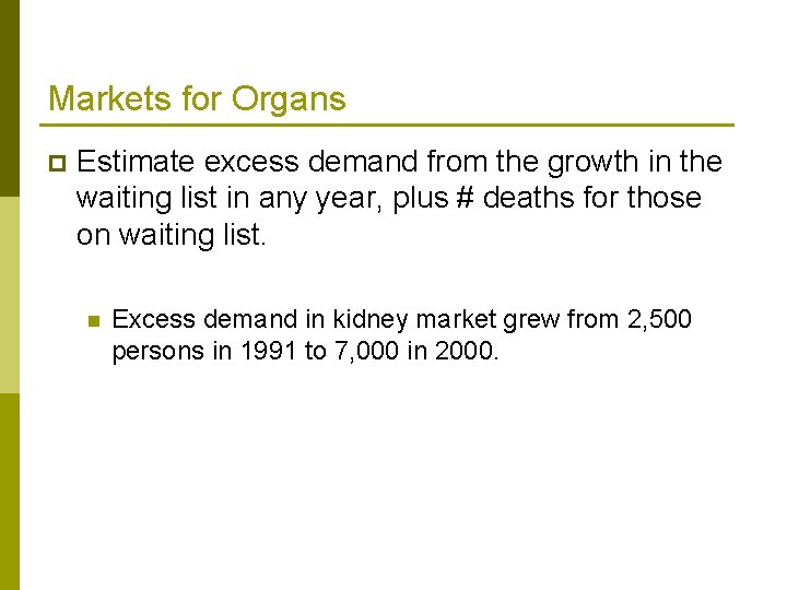 Markets for Organs p Estimate excess demand from the growth in the waiting list