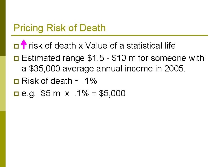 Pricing Risk of Death risk of death x Value of a statistical life p