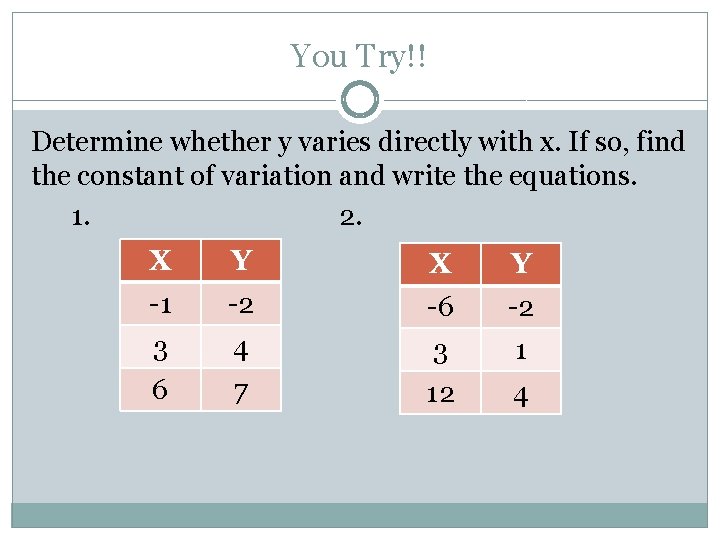 You Try!! Determine whether y varies directly with x. If so, find the constant