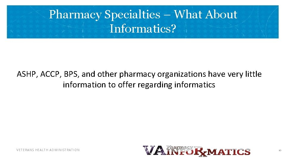 Pharmacy Specialties – What About Informatics? ASHP, ACCP, BPS, and other pharmacy organizations have