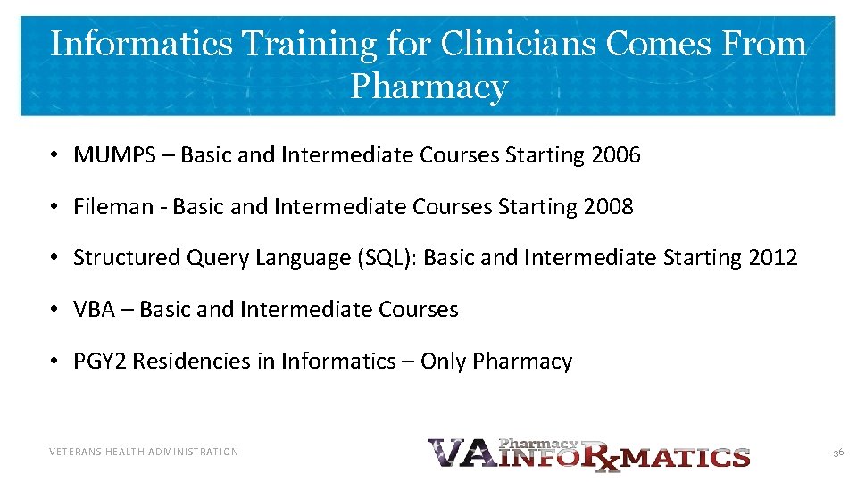 Informatics Training for Clinicians Comes From Pharmacy • MUMPS – Basic and Intermediate Courses