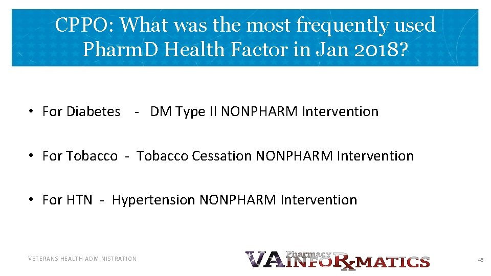 CPPO: What was the most frequently used Pharm. D Health Factor in Jan 2018?