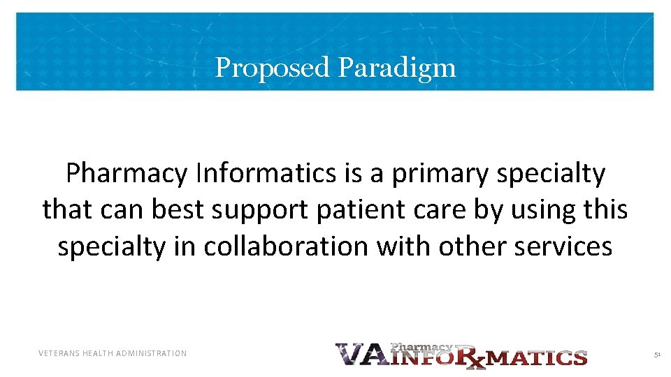 Proposed Paradigm Pharmacy Informatics is a primary specialty that can best support patient care
