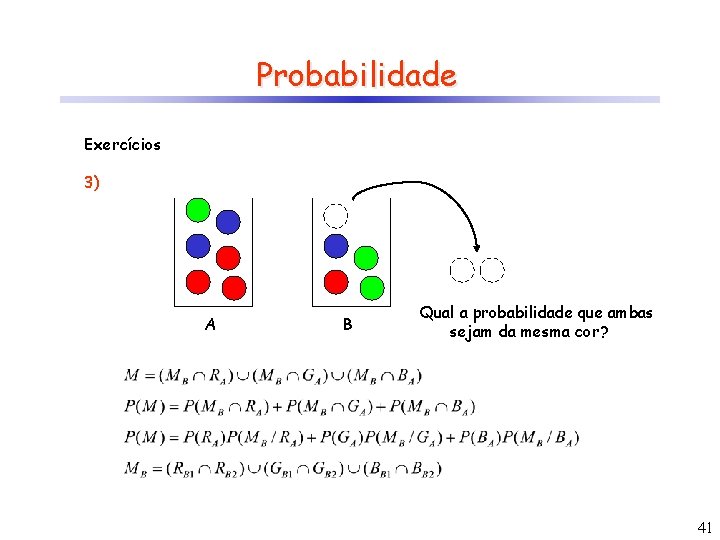 Probabilidade Exercícios 3) A B Qual a probabilidade que ambas sejam da mesma cor?