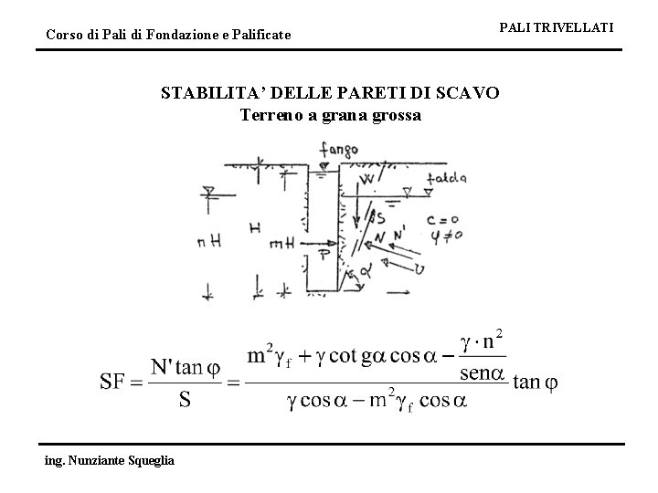 Corso di Pali di Fondazione e Palificate STABILITA’ DELLE PARETI DI SCAVO Terreno a