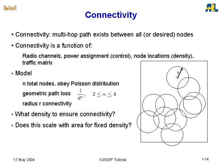 Connectivity • Connectivity: multi-hop path exists between all (or desired) nodes • Connectivity is Connectivity • Connectivity: multi-hop path exists between all (or desired) nodes • Connectivity is