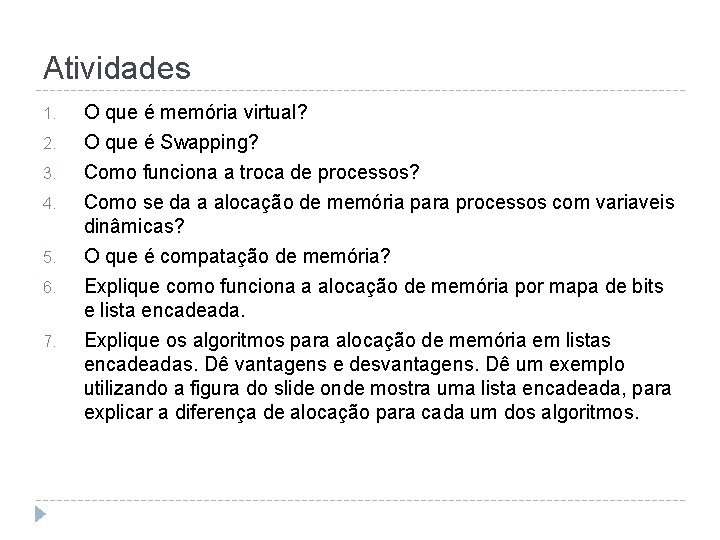 Atividades 1. 2. 3. 4. 5. 6. 7. O que é memória virtual? O