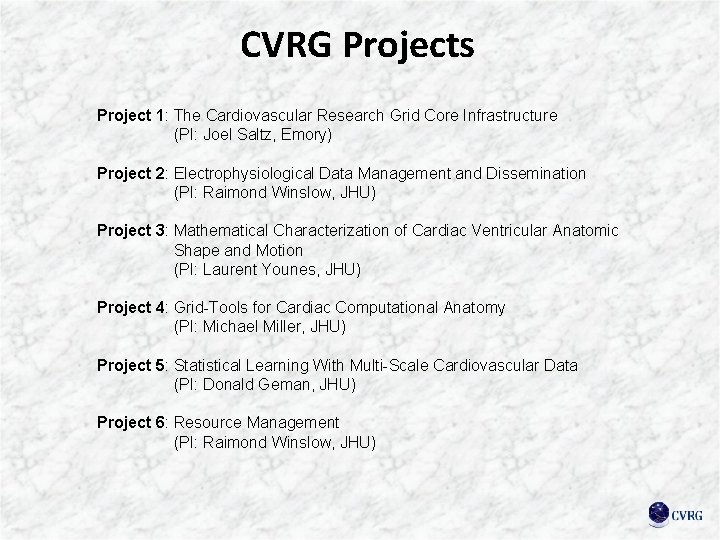 CVRG Projects Project 1: The Cardiovascular Research Grid Core Infrastructure (PI: Joel Saltz, Emory)