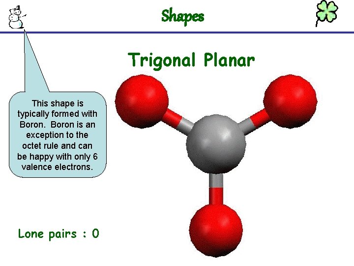 Shapes Trigonal Planar This shape is typically formed with Boron is an exception to
