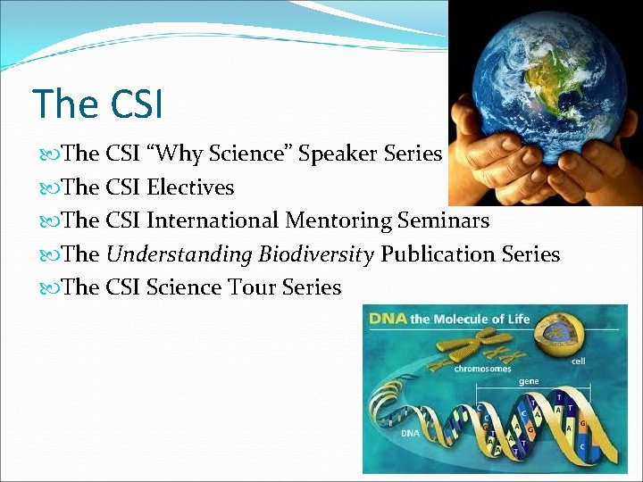 The CSI “Why Science” Speaker Series The CSI Electives The CSI International Mentoring Seminars