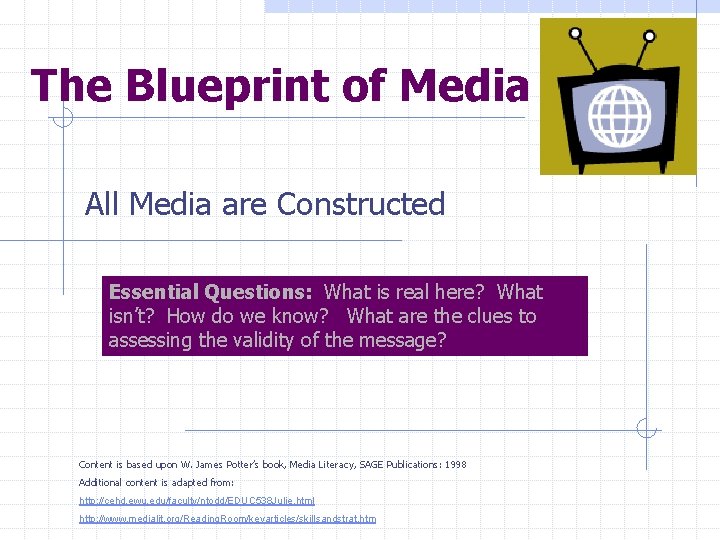 The Blueprint of Media All Media are Constructed Essential Questions: What is real here?