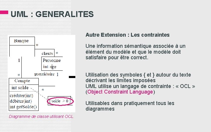 UML : GENERALITES Autre Extension : Les contraintes Une information sémantique associée à un