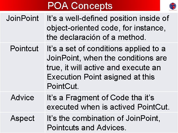 POA Concepts Join. Pointcut Advice Aspect It’s a well-defined position inside of object-oriented code,