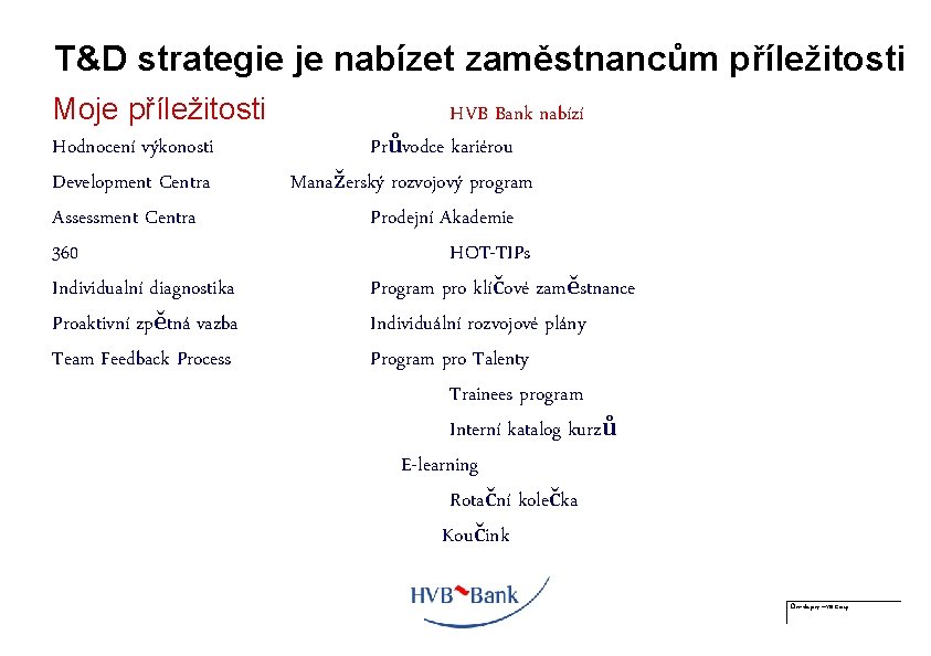 T&D strategie je nabízet zaměstnancům příležitosti Moje příležitosti Hodnocení výkonosti Development Centra Assessment Centra