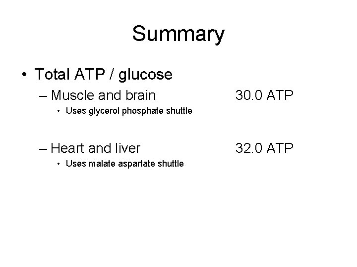 Summary • Total ATP / glucose – Muscle and brain 30. 0 ATP •