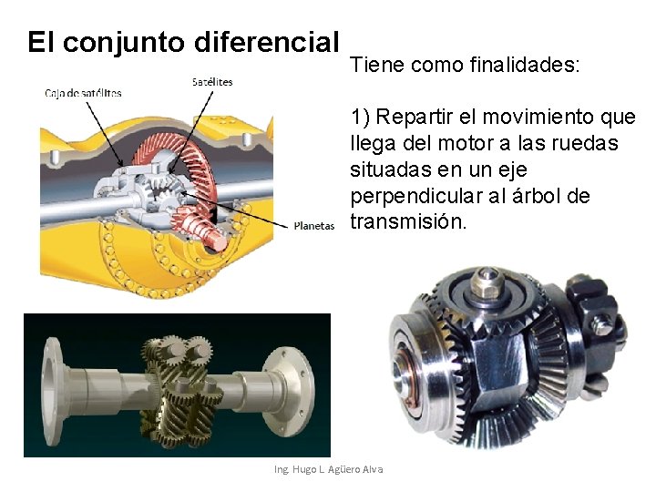 El conjunto diferencial Tiene como finalidades: 1) Repartir el movimiento que llega del motor