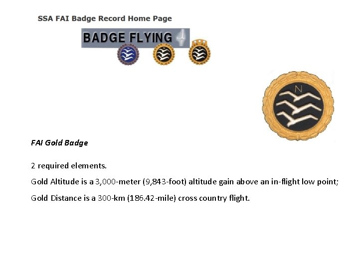 FAI Gold Badge 2 required elements. Gold Altitude is a 3, 000 -meter (9,