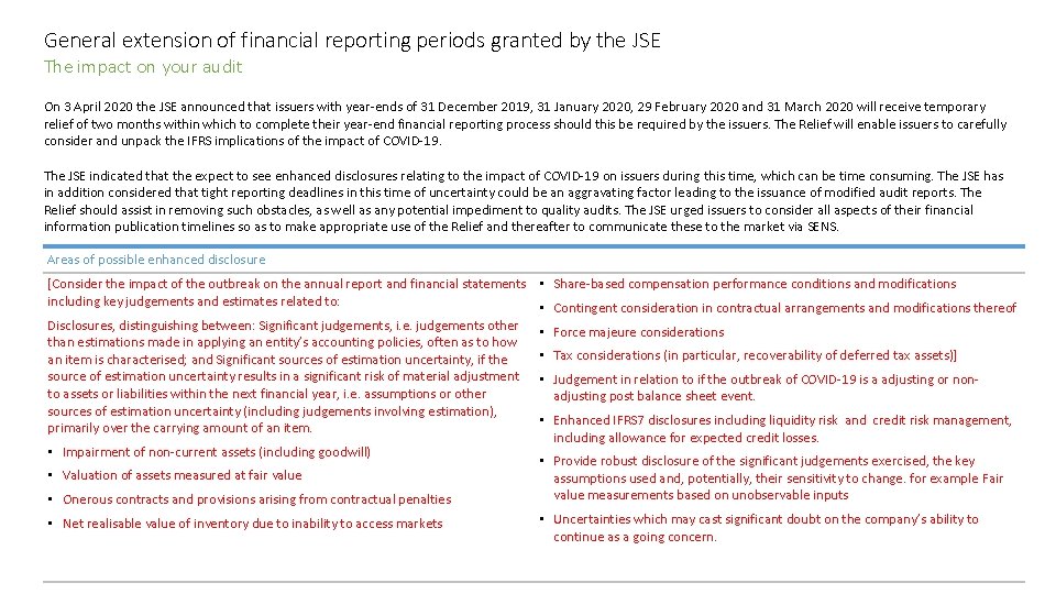 General extension of financial reporting periods granted by the JSE The impact on your