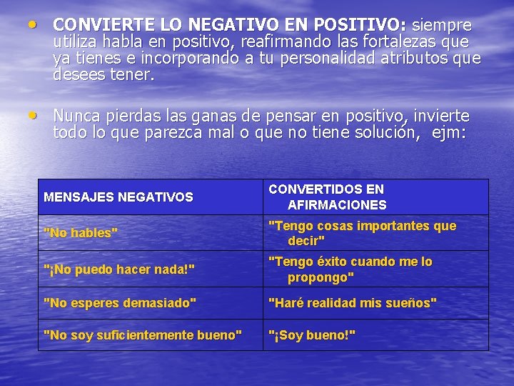  • CONVIERTE LO NEGATIVO EN POSITIVO: siempre utiliza habla en positivo, reafirmando las