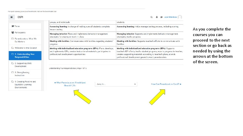 As you complete the courses you can proceed to the next section or go