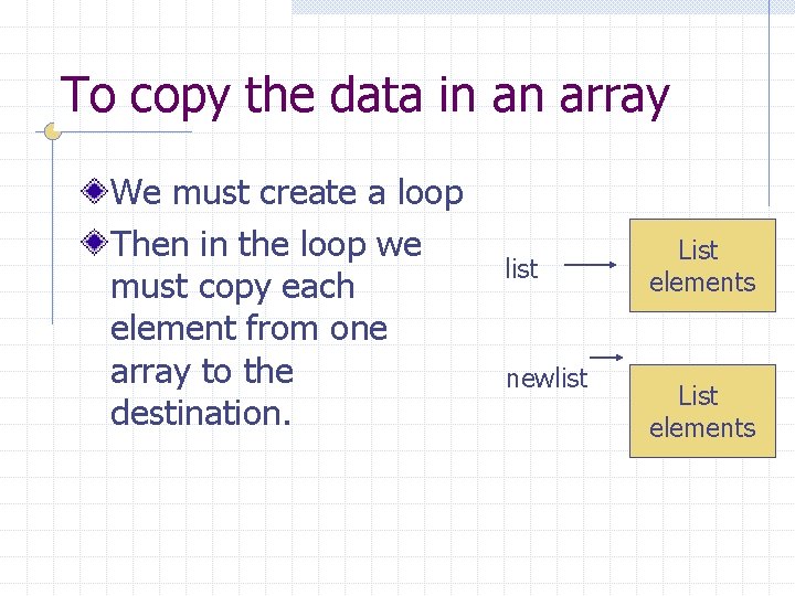 To copy the data in an array We must create a loop Then in