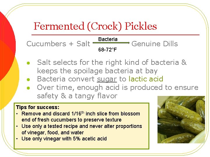 Fermented (Crock) Pickles Cucumbers + Salt l l l Bacteria 68 -72°F Genuine Dills