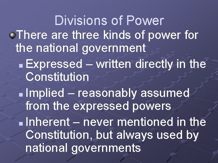 Divisions of Power There are three kinds of power for the national government n