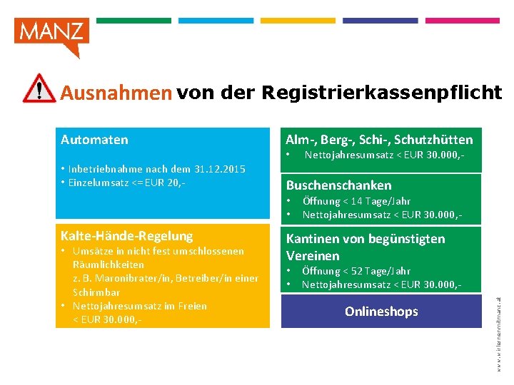 Ausnahmen von der Registrierkassenpflicht Automaten Alm-, Berg-, Schi-, Schutzhütten • Inbetriebnahme nach dem 31.