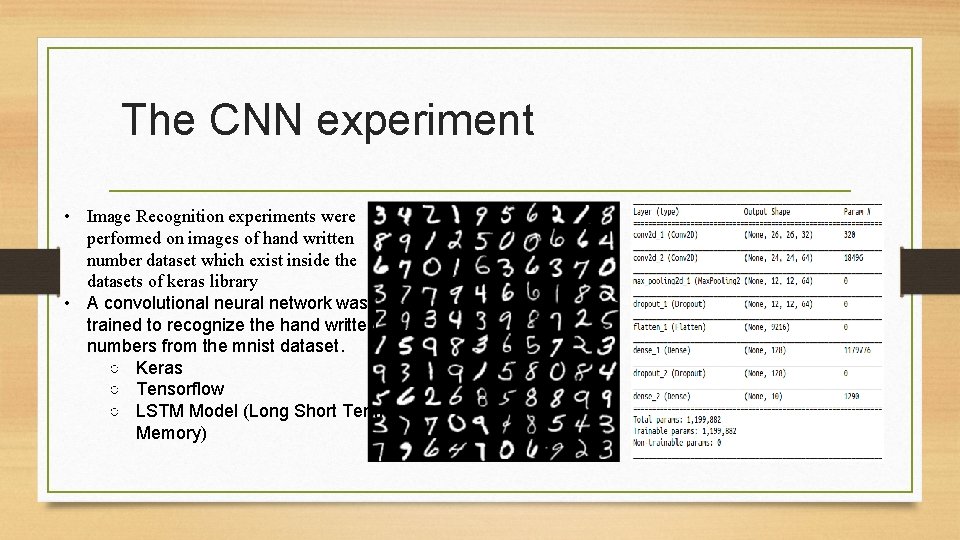 The CNN experiment • Image Recognition experiments were performed on images of hand written