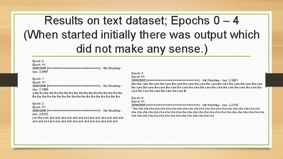 Results on text dataset; Epochs 0 – 4 (When started initially there was output