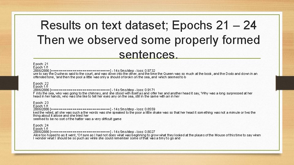 Results on text dataset; Epochs 21 – 24 Then we observed some properly formed