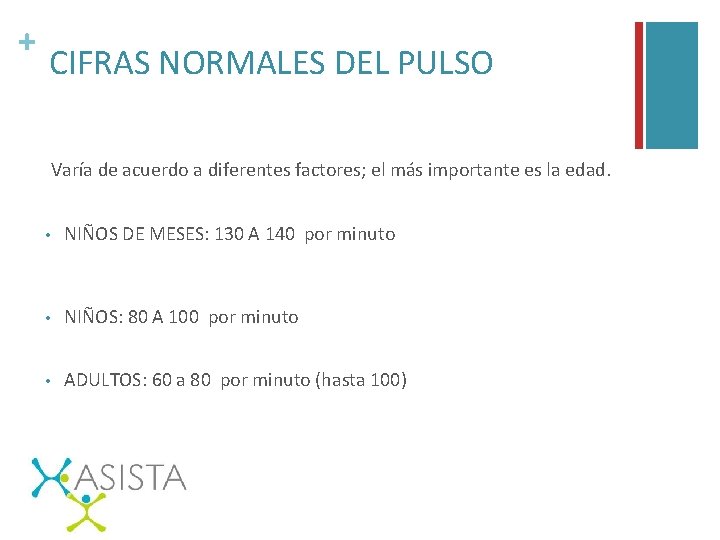 + CIFRAS NORMALES DEL PULSO Varía de acuerdo a diferentes factores; el más importante