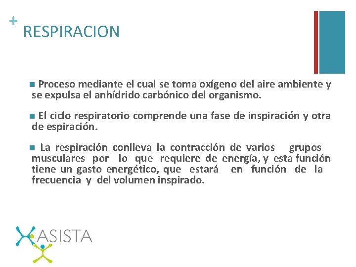 + RESPIRACION Proceso mediante el cual se toma oxígeno del aire ambiente y se