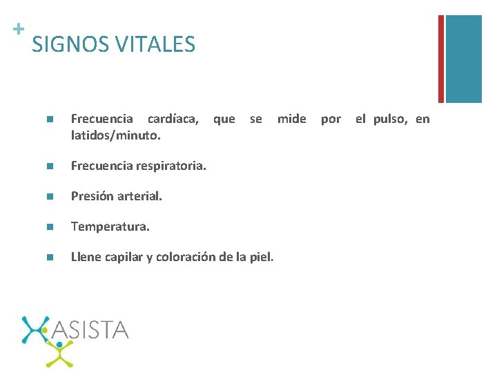 + SIGNOS VITALES n Frecuencia cardíaca, latidos/minuto. que se n Frecuencia respiratoria. n Presión