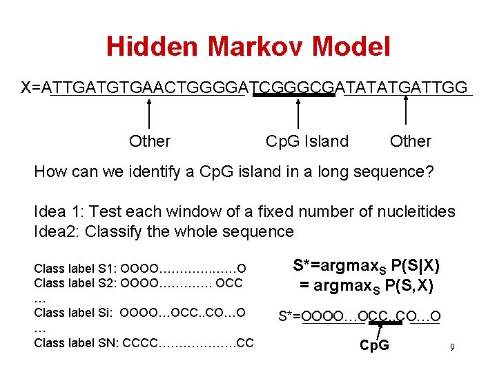 Hidden Markov Model X=ATTGATGTGAACTGGGGATCGGGCGATATATGATTGG Other Cp. G Island Other How can we identify a