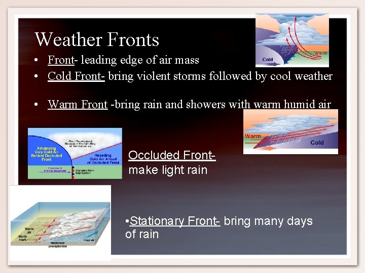 Weather Fronts • Front- leading edge of air mass • Cold Front- bring violent