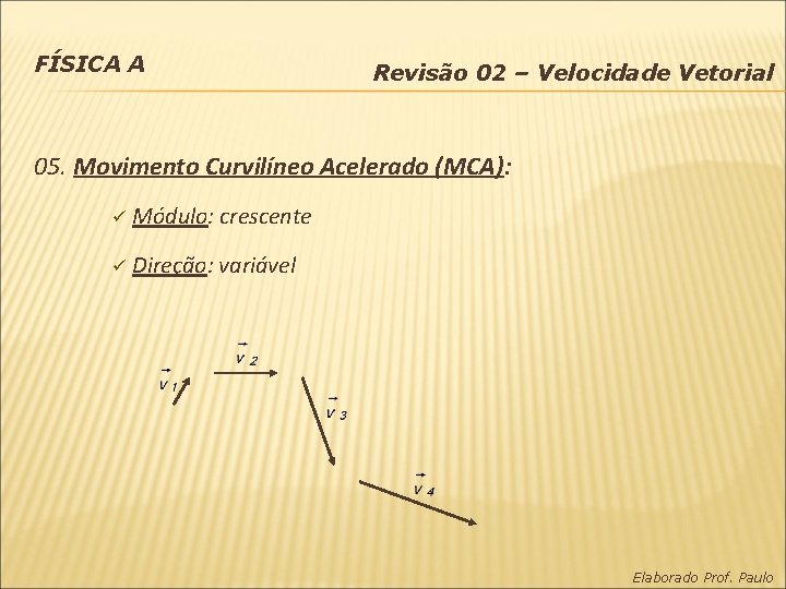 FÍSICA A Revisão 02 – Velocidade Vetorial 05. Movimento Curvilíneo Acelerado (MCA): ü Módulo: