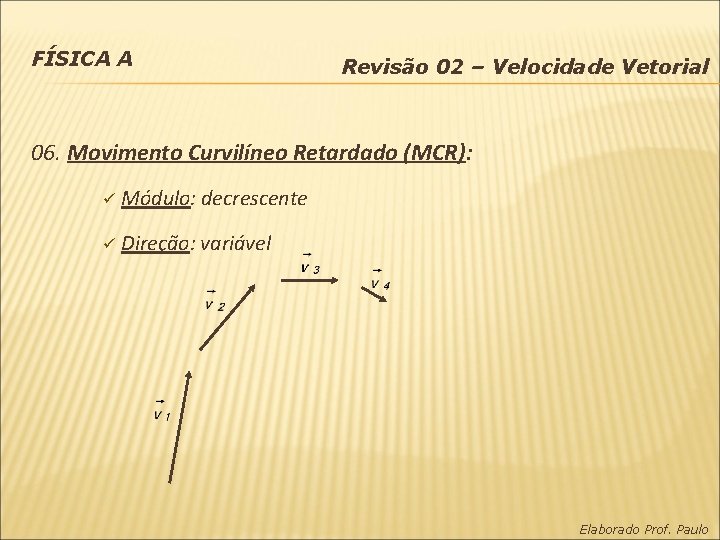 FÍSICA A Revisão 02 – Velocidade Vetorial 06. Movimento Curvilíneo Retardado (MCR): ü Módulo: