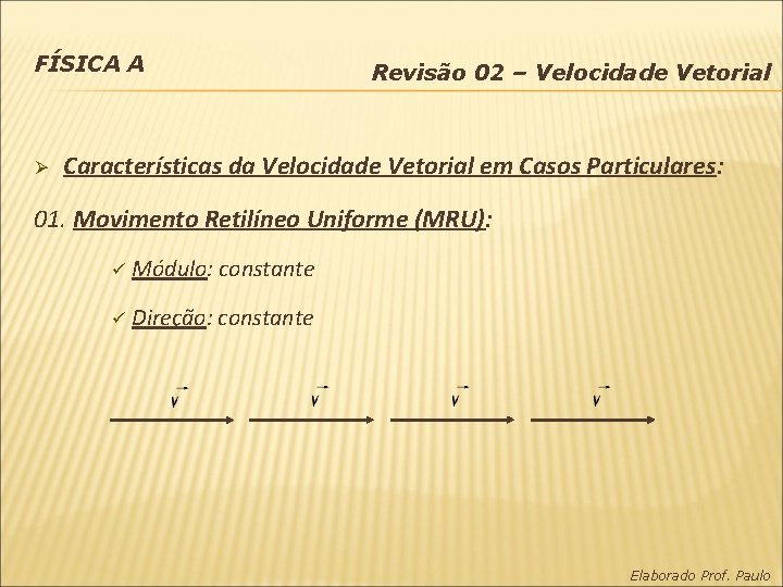 FÍSICA A Ø Revisão 02 – Velocidade Vetorial Características da Velocidade Vetorial em Casos